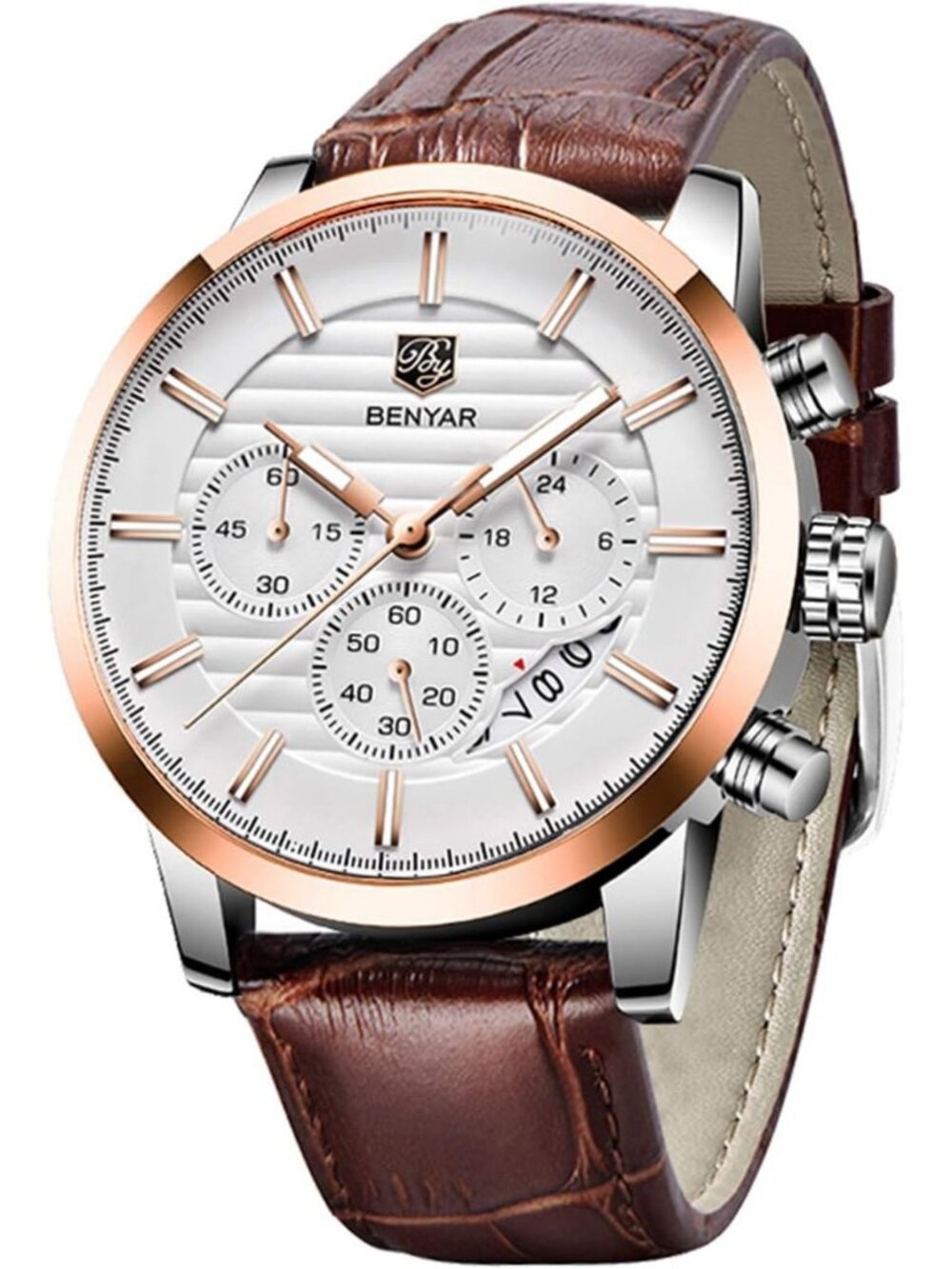 Men's Rose Gold White Analog Quartz Chronograph Waterproof Fashion Wristwatch
